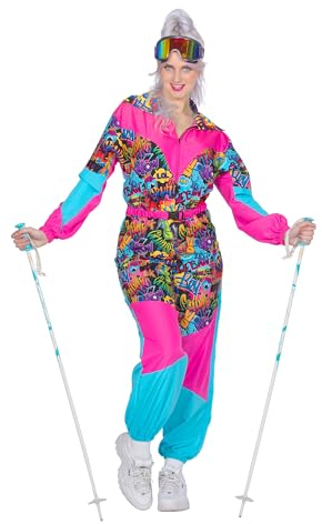 WILBERS & WILBERS 4495 - Retro Skianzug mit 80er Jahre Print für Damen, Skioverall, Schneeanzug, für Aprés Ski und Karneval, Blau-rosa, 56