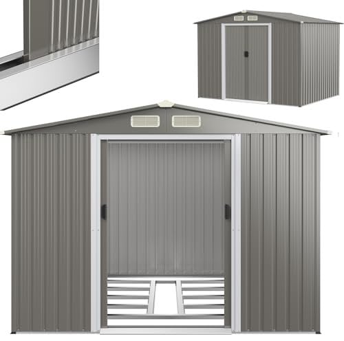 RELAX4LIFE Abri de Jardin en Tôle d’Acier Galvanisée avec Fondation et Double Porte Coulissante, Cabane à Outils avec Toit en Appentis et Volets 260X206,5 X 108 CM (Toit Gris Clair)