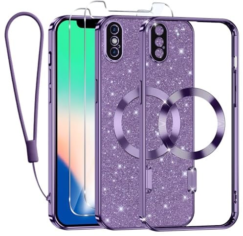 Kokio Handykette für iPhone X/XS Hülle mit Band, [Kompatibel mit MagSafe] Glitzer Magnetisch Handyhülle für iPhone X mit 2 Stück Schutzfolie Stoßfeste Silikon TPU Schutzhülle, Lila