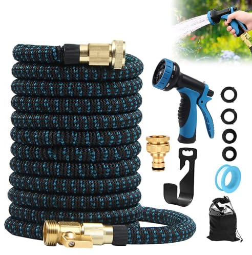 Gobesty Flexibler Gartenschlauch 15M, Wasserschlauch Flexibel, Dehnbarer Wasserschlauch mit 10 Funktionsdüse Brause, Leichter und Knickfreier Flexischlauch, Gartenschläuche mit 3-Fach Latexkern (Blau)