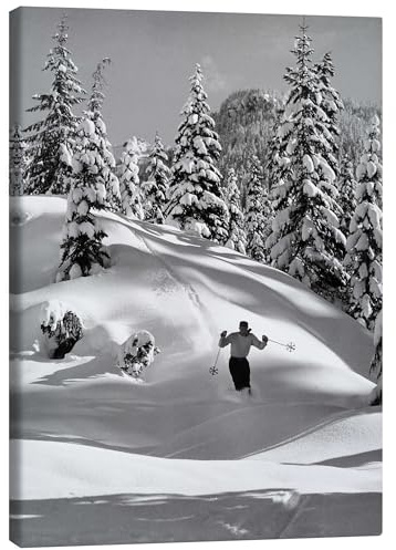Posterlounge Skifahrer im Schnee Leinwandbild | 30 x 40 cm von Vintage Ski Collection Schwarz-Weiß Wandbilder Wanddeko