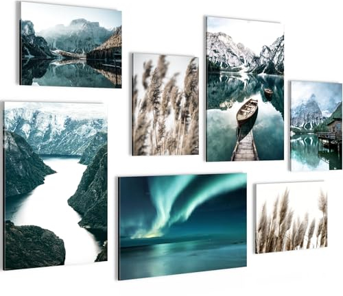 Novart Wandbilder Natur Berge See - KOMPLETT AUFHÄNGFERTIG - Aurora Grün Wohnzimmer Schlafzimmer - 7 Moderne Mood-Bilder - N006272a
