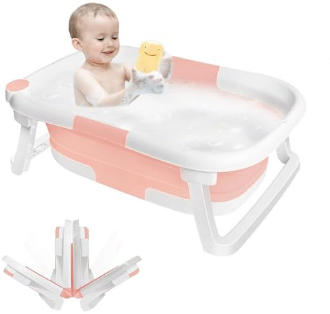 Baignoire Bebe avec Coussin, Baignoire Pliable BéBé Nouveau avec Thermometre Digital, pour Bébé De 0 à 24 Mois (A-63 * 43 * 20cm Rose)