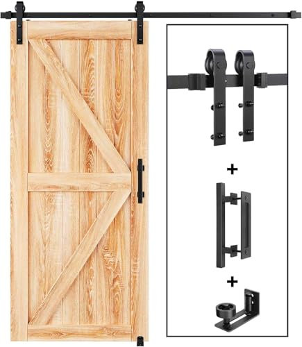 EaseLife Kit de quincaillerie pour porte de grange coulissante de 2 m et poignée pour porte simple, poulie en J basique, glisse facilement et silencieusement, facile à installer (kit de rail de 2 m
