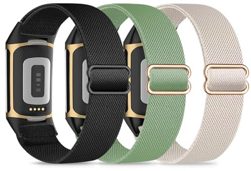 Wizvv 3 Stück Elastische Armband Compatible with Fitbit Charge 5/Fitbit Charge 6 Armband, atmungsaktives Verstellbarer Dehnbarer Nylon Ersatzarmband für Damen Herren
