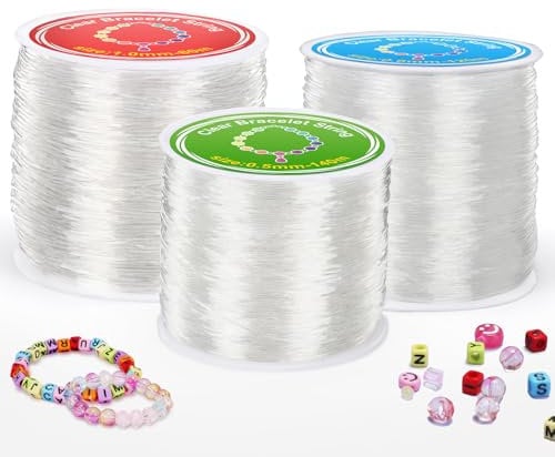 Alyvisun 3 Pcs Transparente Hilo Elastico para Pulseras, (0.5mm, 0.8mm & 1mm) Hilo Pulseras Elastico para Pulseras, Collares, Cuentas Y Fabricación de Joyas en Bricolaje