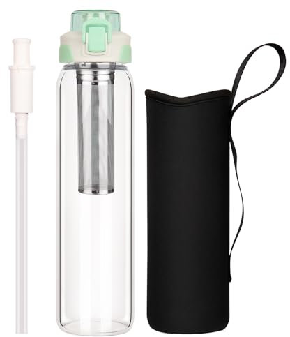 DEARRAY 1l / 1 litre Gourde d'eau en Verre avec Paille & Infuseur en INOX 1000ml Transparente Bouteille Verre avec Protection en Néoprène pour Thé en vrac, Café Infusé