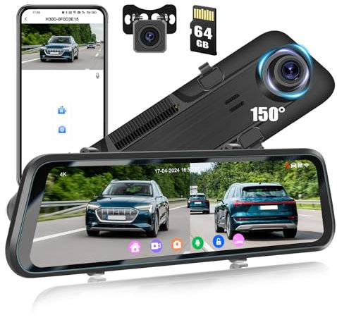 CAMECHO 12 Espejo Dashcam 4K Doble Espejo Retrovisor GPS Cámara de Coche con Cámara de Trasera y 64GB TF Tarjeta con HD Pantalla Táctil WiFi BSD ADAS G-Sensor 150 Grados Gran Angular Visión Nocturna