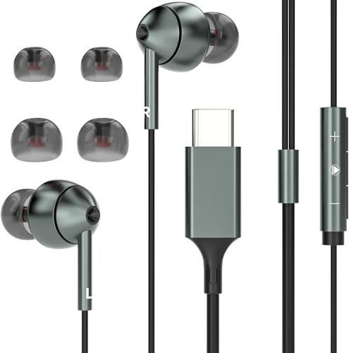bakibo USB C Kopfhörer mit Mikrofon In-Ear Kopfhörer mit Kabel USB C Lautstärkeregler Ohrhörer Kabelgebundenes, Grau
