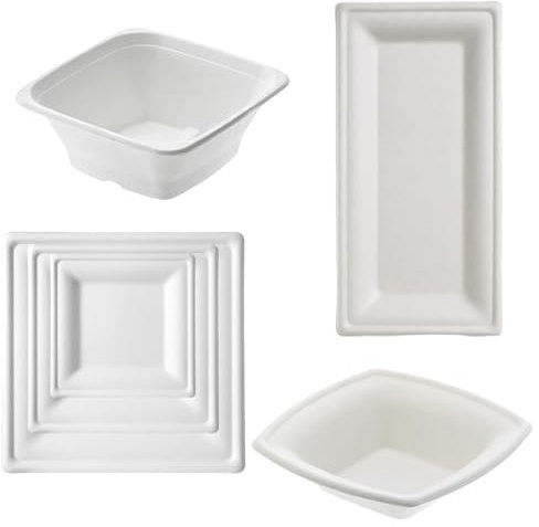 50 Piatti Rettangolari Bianchi in Polpa di Cellulosa 22,5x13,5 cm, Ideale per Cibi Caldi e Freddi, Piatti Impermeabili Usa e Getta Adatti al Microonde, Biodegradabili e Compostabili
