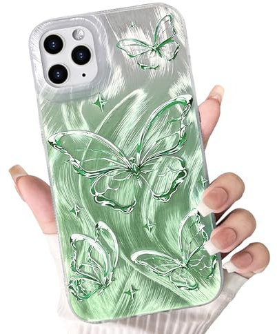 NITITOP Compatible for iPhone 11 Pro Max Case Cute Butterfly Pattern for Women Girl Glitter Laser Shiny Feather Yarn Style Aesthetic Shockproof Hard Protective Phone Cover - Green
