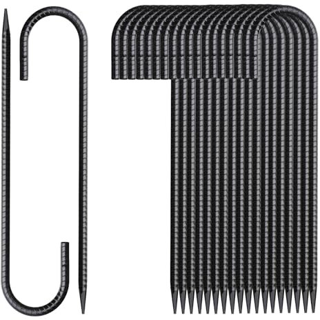 MSWY Rebar Stakes 16 Inch 20 Pack J Hook Ground Stakes Heavy Duty Tent Stakes Chain Link Fence Stakes with Chisel Point End Galvanized Steel Ground Anchors Metal Spikes Black Coated