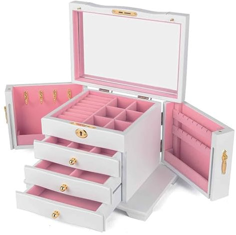 Schmuckschrank, Schmuckschränke, Spiegel Schmuckschrank, Schloss, Schubladen für Ringe, Halsketten, Ohrringe Und Uhren(Pink)