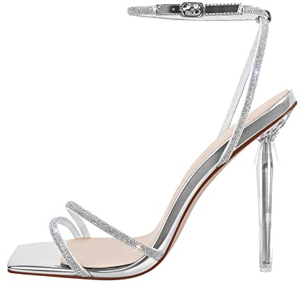 Meinabsatz Damen Stiletto Sandaletten Riemchen Sandalen High Heels | Slingback High Heels, Offene Eckige Zehen, Sommerschuhe mit Glitzer Strass, für Party Hochzeit Abend Festtag