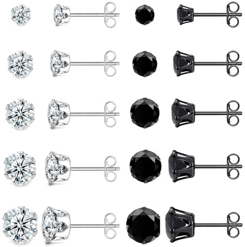 10 Paare Ohrringe Set, 316L Chirurgenstahl Ohrringe für Damen Herren, Kubischer Zirkonia Ohrstecker Set, Hypoallergen Ohrstecker Silber/Schwarz, 3/4/5/6/8mm