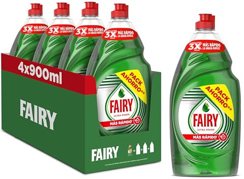 Fairy Ultra Poder Original Líquido Lavavajillas 4x900ML Fórmula Efectiva Que Deja Los Platos Relucientes, Impresionante Poder Antigrasa