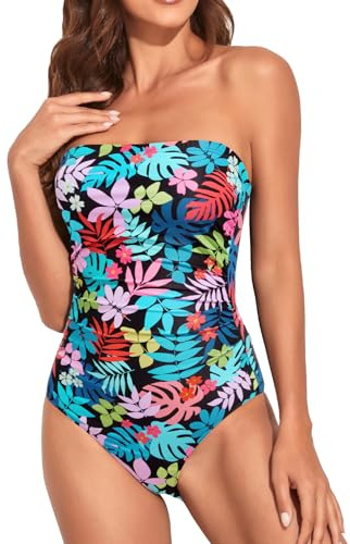 Holipick Women Tummy Control One Piece Swimsuits Strapless Bandeau Bathing Suits Slimming Halter Swimwear, Colorful Leaves, XL