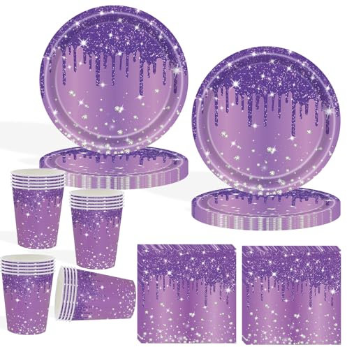 COLANANA Party Supplies,60PCS Purple Birthday Decorations Party Tableware Set Contain Plates Cups Napkin for Baby Shower Birthday Wedding Partys Anniversary(20 Guests)