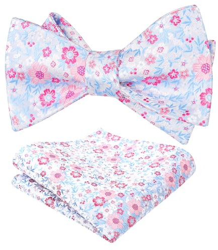 Alizeal Ensemble nœud papillon et mouchoir de poche pour homme Motif floral, Bleu clair + rose, taille unique
