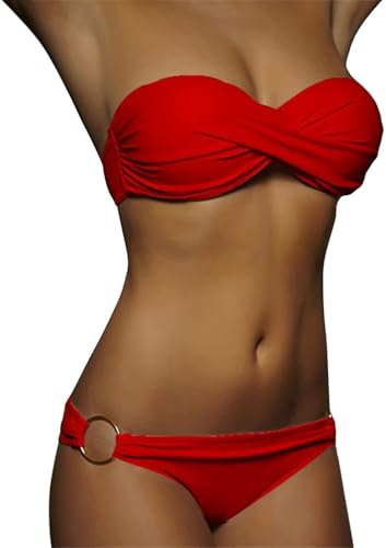 Minetom Maillots de Bain 2 Pièces Femme Été Push Up Bandeau Ensembles Bikini Set Plage Swimsuit Swimwear Beachwear A Rouge XL
