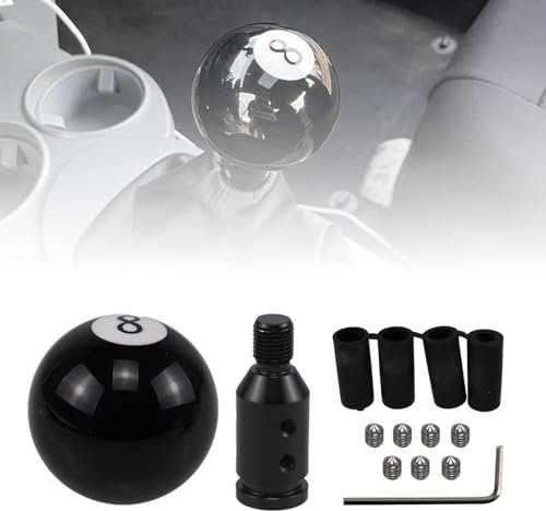 MILONEX Pomo para palanca de Cambios Diseño 8 Bolas Billar - Acrílico Negro Universal para 4/5/6 Velocidades, con Adaptador de Aluminio y Kit de Montaje para Vehículos
