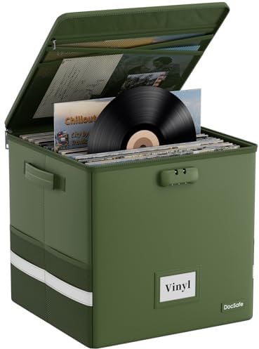 DocSafe Vinyl Record Storage Box ,Fireproof＆Waterproof Vinyl Storage Case for 12 inch Records Holds up to 100+ Single Records,Collapsible Portable Record Organizer with Lock Green