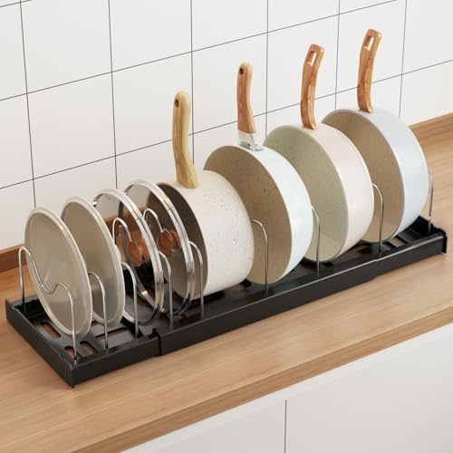 MUSTORN Expandable Pan Lid Holder, Anti-scratch Pots and Pans Organiser Retractable Food Container Lid Organisers Pan Organiser for Cupboard with Adjustable 9 Dividers Baking Tray Storage Rack (Black)