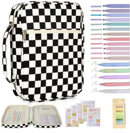Hixingo Bibel Buchhülle Reißverschluss, Buchhülle Schutzhülle für Bücher aus Leder Buchschutz für Taschenbücher, Buchliebhaber, Lehrer, Freunde (30 Zoll,Schwarz kariert)