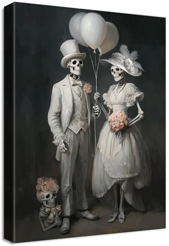 Cadre en Bois Impression sur Toile Halloween Couple de Mariés Tableau Image sur Toile Affiche Photos de Mariage Noir Blanc Avec Squelette Tableau Decoration Murale Salon Couloir Bar 40x60cm