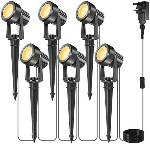 ILIKEPOW Garden Spotlights Mains, 6-in-1 LED Outdoor Spike Lights IP65 Waterproof 5V LED Garden Uplighter with Adapter Pathway Lighting for Path Yard Patio, Wall/Spike Mounted (Warm White)