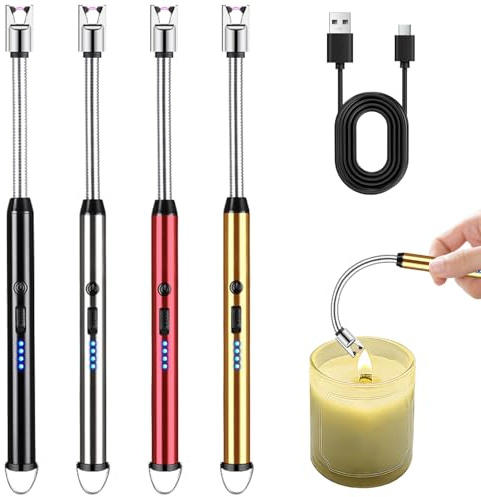 4 Stück Lichtbogen Feuerzeug Elektrisch, USB Aufladbar Feuerzeug Lang mit Sicherheitsschloss und Batterieanzeige, Tragbare 360° Winddichte Flammenlose für Yankee Kerzen, Grill, Herd (Rot)