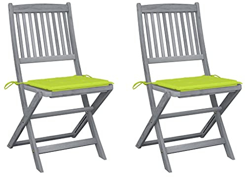 Qnhdfrt Klappbare Gartenstühle 2er Set mit Sitzkissen Massivholz Akazie Graue Lasur Hellgrüne Polster Faltbar für Garten Terrasse Balkon Camping Outdoor