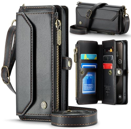 Étui portefeuille à rabat en cuir de qualité supérieure résistant aux chocs pour Samsung Galaxy S25 FE 5G pour femme avec bandoulière/dragonne, sac à main zippé, 5 emplacements pour cartes, pochette