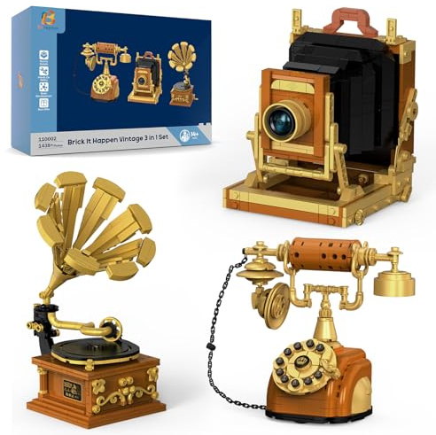 Brihappen 3-in-1 Bausatz,Retro Kamera,Telefon,Plattenspieler,1438 Stück,Vintage Sammlermodell zum Dekorieren Ihres Heimbüros,nostalgisches Geschenk aus den 80ern für Erwachsene und Jugendliche ab 14+