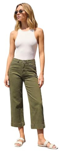 Roman Originials Denim Culottes for Women UK Ladies Cotton Cropped Trouser Wide Leg Jean Stretch Pants Capri 3/4 Length Three Quarter Summer Loose Casual Spring - Dark Green - Size 12