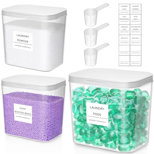 Lifewit Rangement Lessive Liquide en Capsules avec étiquettes et Cuillères, Récipient pour Poudre à Lessive avec Couvercle à Pression, Boîtes et Flacons de Salle de Bain, 2700 ml ×2+4500 ml, 3 Pièces