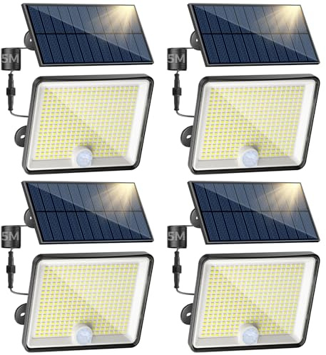 Peasur Lot de 4 Lampe Solaire Extérieur Détecteur de Mouvement, 348LED/ 3 Modes/Lumiere Solaire Jardin, Étanche IP65 eclairage Solaire avec Câble de 5M pour Garage Cour Allée