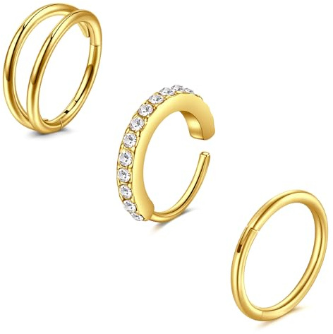 Funseedrr 3 Stück Silber Golden Silber Nasenringe mit Scharnier, 20G 8mm 10mm Edelstahl Septum-Reifen Lippenringe Helix-Knorpel Conch Rook Ohrringe Piercing-Schmuck
