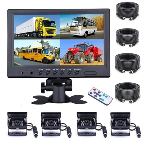 Reversing Camera For Bus Truck Caravan Van Motorhome Camper Vehicle Car Rear View 9 LCD Monitor 4CH Quad Split Screen 4Pin Cable Rear View Camera