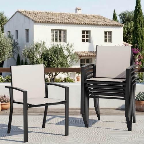 Amopatio 6er Set Gartenstühle Stapelbar mit Armlehnen - Gartenstuhl Hochlehner aus Textilene & Metall, wetterfest & rostbeständig - Komfortabler Gartensessel für Garten, Balkon und Terrasse, Khaki