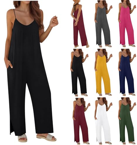 Womens Jumpsuits Wide Leg Baggy Dungarees Casual Loose Sleeveless Playsuits Suspender Bib Overalls Romper Ladies Solid Color Trousers Jumpsuit Long Pants with Pockets Summer Playsuit for Daily