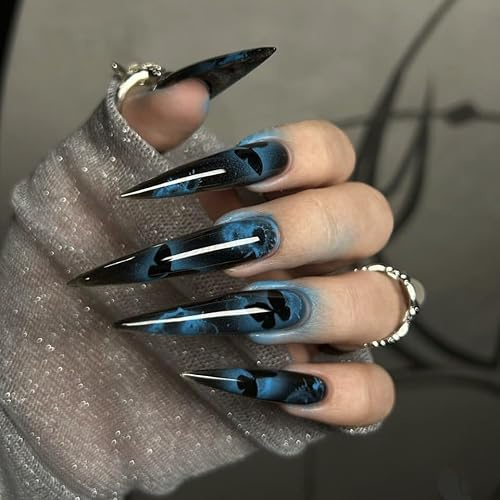 24pcs Extra Long Stiletto False Nails Black Blue Ombre Press on Nails Dark Blue Butterfly Print Stick on Nail Tips Removable Glue-on Fake Nail Art Y2K Edgy Accessories for Women