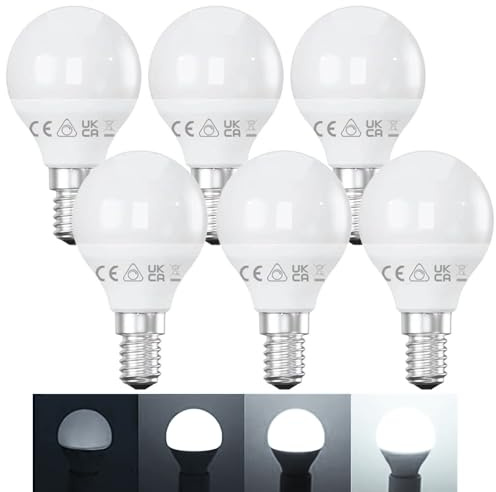 Ledvia E14 Dimmable LED Bulb 6500K Cool White 5W (40W Equivalent) – Flicker Free Small Edison Screw Golf Ball – Energy Saving Light Bulbs for Lamp – Pack of 6 [Class E]