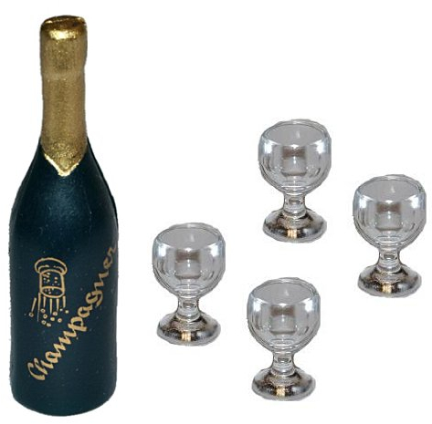 alles-meine.de GmbH 5 TLG. Set: Miniatur Champagner Flasche + 4 Gläser - für Puppenstube Maßstab 1:12 - Flasche Champagnergläser Puppenhaus Sekt Puppenküche