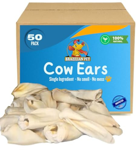Brazilian Pet 100% Natural Real Cow Ears (50 Pack) Prime Dog Chews, Over 5 inches Free Range Grass Fed Cattle, No additives, Chemicals or Hormones