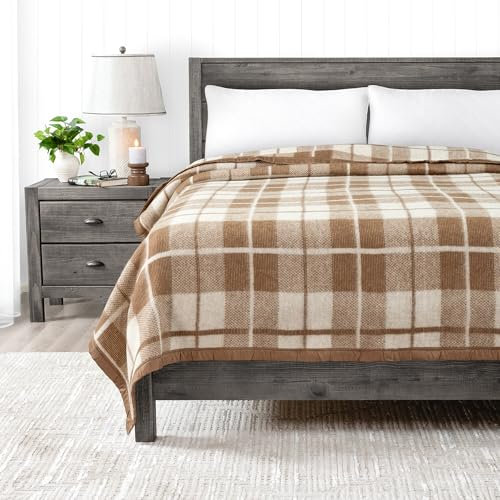 Poyet Motte Rivoli Decke aus 100 % Schurwolle, 400 g/m², mittelschwer/schwer, maschinenwaschbar (Camel/Natural Plaid, Twin Size)
