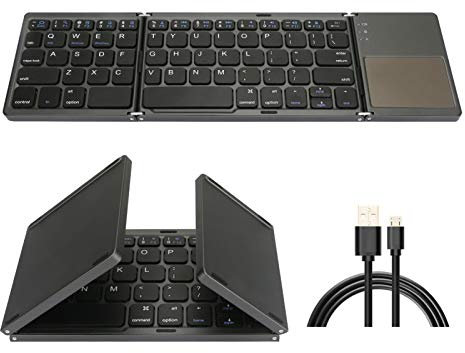 Foldable Bluetooth Keyboard, Tri- Folding Portable Wireless Keyboard with Touchpad, USB Rechargeable for iOS, Android, Windows System Laptop Tablet Smartphone Device (Black)