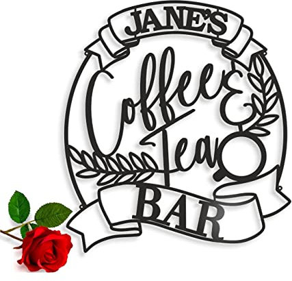Personalised Coffee and Tea Bar Metal Name Sign Custom Laser Cut Cup Coffee Housewarming Gift for Mom, Grandma, Coffee Lover Metal Wall Art Home Decor Kitchen Sign Hanging Decorations Coffee Station