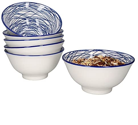 MamboCat 6-teiliges Schüssel-Set Rabisco I Müsli-Schalen-Set für 6 Personen I Tiefe Bowls beidseitig glänzend lasiert I Schale in Blau-Weiß I Hochwertiges Porzellan Geschirr-Set mit Ø 16cm