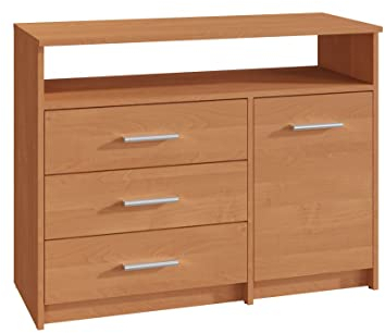 MATKAM Kommode Bodo 1D3SO, H75 x B98 x T35 cm, mit 3 Schubladen, einem Ablagefach und einem Türschrank, Griffe in Metall-Optik, Schubladen-Führungsschienen aus Metall (Erle)